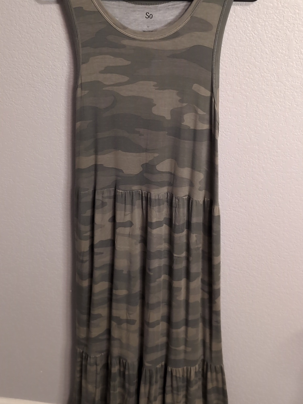 SO Rayon Olive Green and Tan Camo Tiered Maxi Dress
